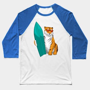 Tiger Surfer Surfboard Baseball T-Shirt